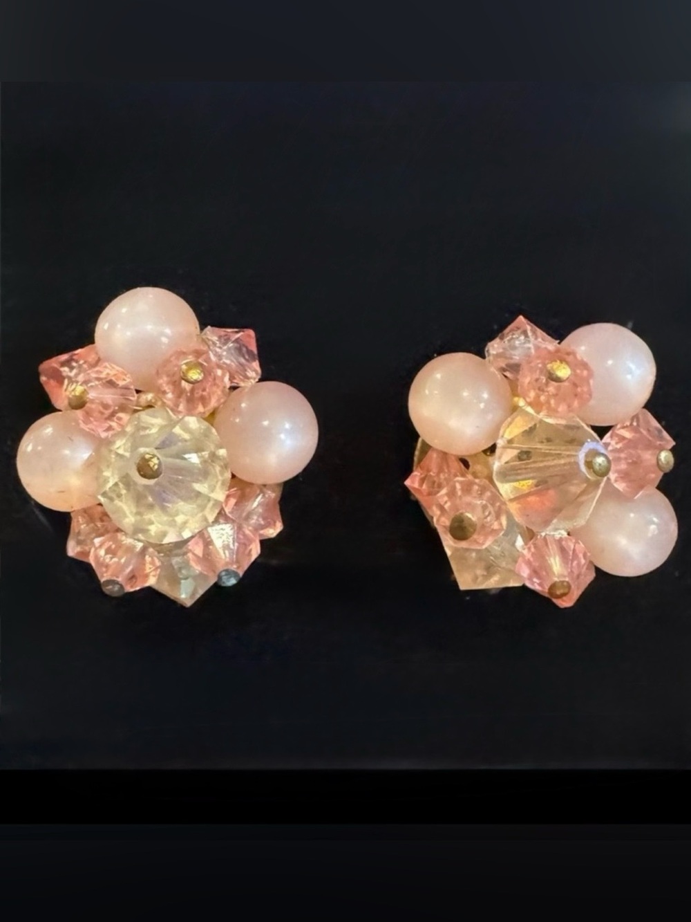 Vintage—Pink Beaded Clip-On Earrings, Gold Tone, Solid Pink & Iridescent Beads
